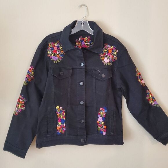 Women's Embroidered Denim Jacket Black Size Medium Western Art To Wear - Picture 2 of 9